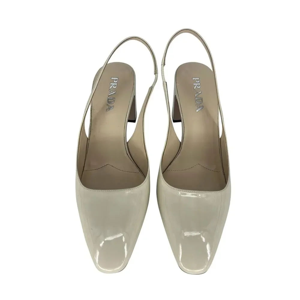 Prada Triangle Logo Patent Leather Slingback Pumps Ivory 40 - Picture 8 of 15